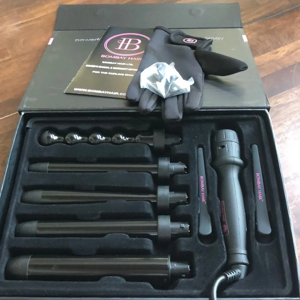 Bombay Hair Black Ceramic 5 in 1 Interchangeable Curling Wand Set With Box